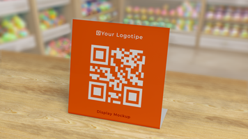 mockup pvc plastic display on wooden counter, right view psd