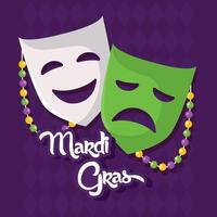 Mardi Gras comedy and tragedy masks with beads vector