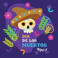 Sugar skull in sombrero with colorful floral details. vector
