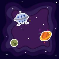 Colored universe background with ufo and planets vector