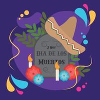 Gravestone with sombrero and candles for memorial. vector