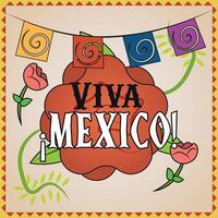 Viva Mexico text with rose and paper flags. vector