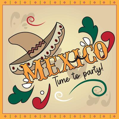 Mexican sombrero with festive swirls and text.