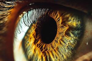 close up of human eye showcasing intricate details and vibrant colors, highlighting unique patterns and textures of iris. image evokes sense of wonder and curiosity about human anatomy photo