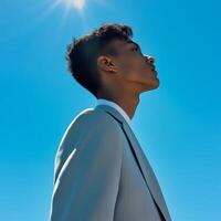 young man in light suit stands against clear blue sky, showcasing confident profile. sunlight highlights his features, creating striking silhouette photo