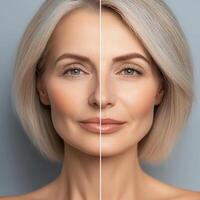 split image showcasing woman face, highlighting beauty and skincare effects. left side displays natural skin, while right side shows enhanced features, emphasizing contrast photo