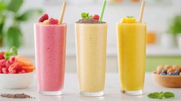 Refreshing fruit smoothies in tall glasses, featuring vibrant colors and garnished with fresh fruit and seeds, perfect for healthy snack or breakfast option photo
