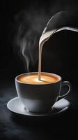 steaming cup of coffee with milk being poured, creating warm and inviting atmosphere. contrast of dark and light enhances rich texture of beverage photo