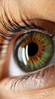 close up of human eye showcasing intricate details, vibrant colors, and long eyelashes, evoking sense of wonder and curiosity photo