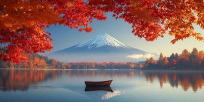 serene landscape featuring Mount Fuji surrounded by vibrant autumn foliage, reflecting in calm lake with small boat in foreground photo