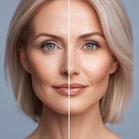 split image showcasing woman face, highlighting differences in skin texture and appearance. left side shows natural skin, while right side displays enhanced features photo