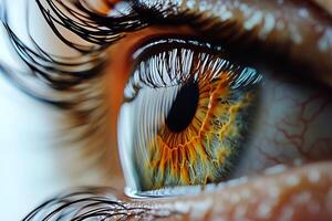 close up of human eye showcasing intricate details, vibrant colors, and striking patterns. image captures beauty and complexity of iris and eyelashes photo