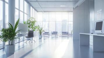 Modern office interior with large windows, and sleek furniture, creating bright and inviting workspace photo