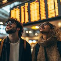 Traveling couple at airport looking up at flight information board photo