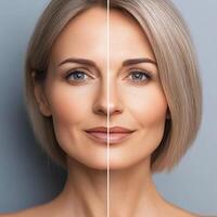 Im unable to identify person image. However, I can help you create description and keywords based content.A split image of woman showcasing beauty and skincare effects, highlighting smooth skin photo