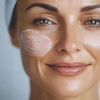 Revitalizing skincare routine with cream applied on face, glowing skin, and natural beauty photo