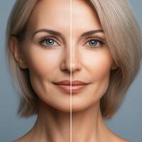 split image showcasing woman face, highlighting beauty and skincare. left side appears natural, while right side shows enhanced features, emphasizing contrast photo
