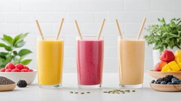 Fresh fruit smoothies in clear glasses with straws, surrounded by berries and tropical fruits, create vibrant and healthy scene photo