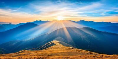 Breathtaking sunrise over mountain landscape, showcasing vibrant rays illuminating rolling hills and valleys. serene and peaceful scene that evokes sense of wonder and tranquility photo