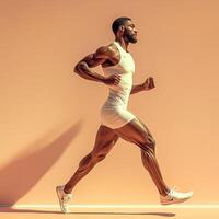 muscular man running in fitted outfit against warm background, showcasing athleticism and determination photo