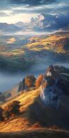 Breathtaking landscape featuring rolling hills, autumn foliage, and misty valleys. scene captures serene beauty of nature with mountains in background and vibrant colors photo