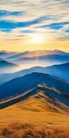 breathtaking landscape showcasing rolling hills and mountains at sunrise, with golden grass and vibrant sky. scene evokes tranquility and natural beauty photo
