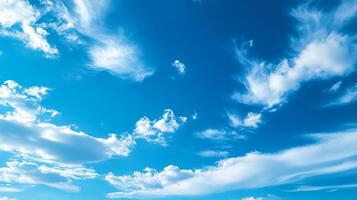 Bright blue sky with fluffy white clouds creating serene atmosphere. clouds vary in shape and size, enhancing beauty photo