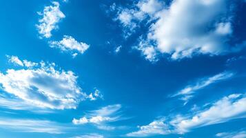 Bright blue sky with fluffy white clouds creating serene atmosphere. vibrant colors evoke sense of peace and tranquility, perfect for outdoor activities photo