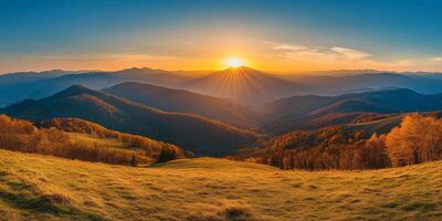 breathtaking sunset over rolling hills, casting golden rays across landscape, with vibrant autumn foliage and distant mountains creating serene atmosphere photo