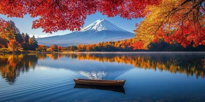 serene landscape featuring tranquil lake, wooden boat, and vibrant autumn foliage with Mount Fuji in background. scene evokes sense of peace and natural beauty photo
