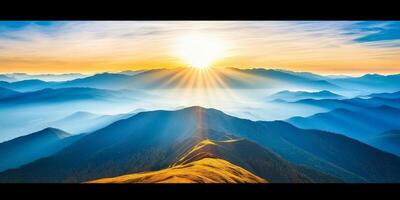 Breathtaking sunrise over mountain landscape, showcasing vibrant colors and serene atmosphere. sun rays illuminate peaks, creating stunning visual experience photo
