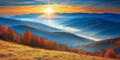 Breathtaking sunrise over rolling hills, showcasing vibrant autumn foliage and misty valleys. warm colors create serene and peaceful atmosphere photo