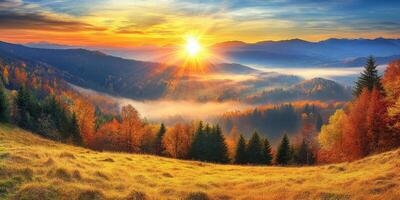 breathtaking sunrise over misty valley, surrounded by vibrant autumn foliage and mountains in distance, creating serene and picturesque landscape photo