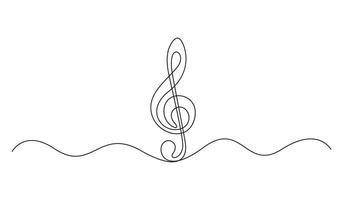 Continuous one line drawing of treble clef and musical notes. Minimalist logo and symbol of sound and music concert in simple linear style. Graphic illustration vector