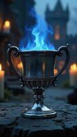 An aged, tarnished dark silver trophy, with blue flame, the silhouette of an old stone castle and the flickering glow of candles in the background, create a mysterious, medieval photo