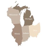 East North Central states devide with lable each state in brown color vector