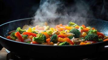 Steaming hot mixed vegetables cooking in a frying pan. photo