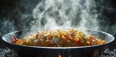 Wok containing steaming noodles and vegetables releasing hot air. photo