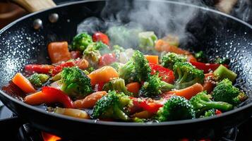Steaming hot wok with fresh vegetables cooking on a stove. photo