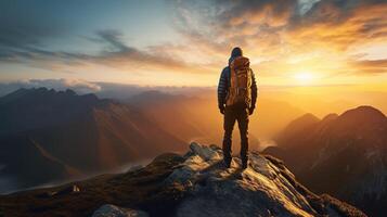 Backpacker enjoying inspiring sunset view over mountain range from mountain peak. photo