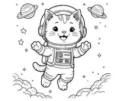 Astronaut Cat Floating in Space Coloring Page for kids vector