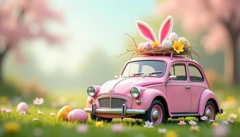 Easter background with pink retro car decorated with Easter eggs and bunny ears against spring nature background. photo