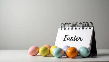 Spiral flip calendar with the inscription Easter in elegant typography, with colorful eggs placed on neutral background. photo