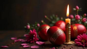 Elegant Easter eggs with a candle and fresh flowers against a black background, creating festive atmosphere. photo