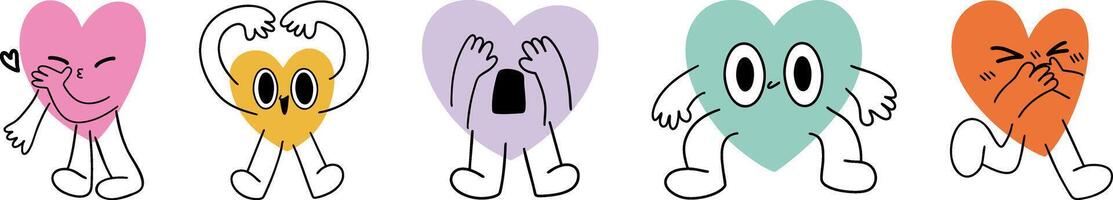 Cute Heart Characters Expressing Different Emotions in Cartoon Style vector