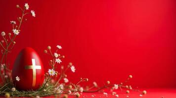 Red Easter egg with a gold cross and daisies on red background. Festive design in a minimalist style. photo