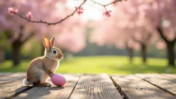 A rabbit with an egg in its paws sits on a wooden table against the backdrop of a spring garden. Easter scene. photo