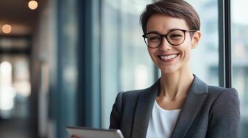 Smiling Businesswoman in Modern Office with Tablet photo