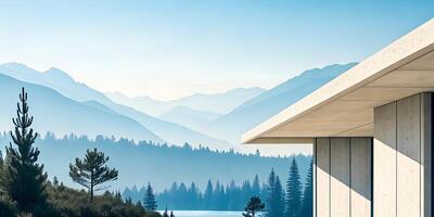 Modern Minimalist House Overlooking Forest and Mountains photo