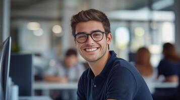 Smiling Young Man with Glasses Working in Modern Office photo